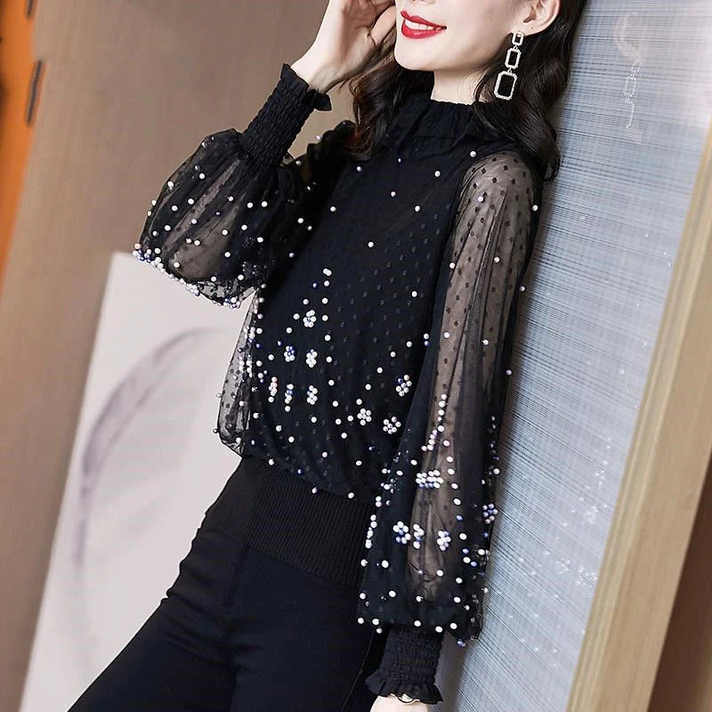 Spring Fall Women Casual Mesh Patchwork Beaded Chic Lantern Long Sleeve Loose T-shirt Elegant Fashion Black Pullover Ladies Tops