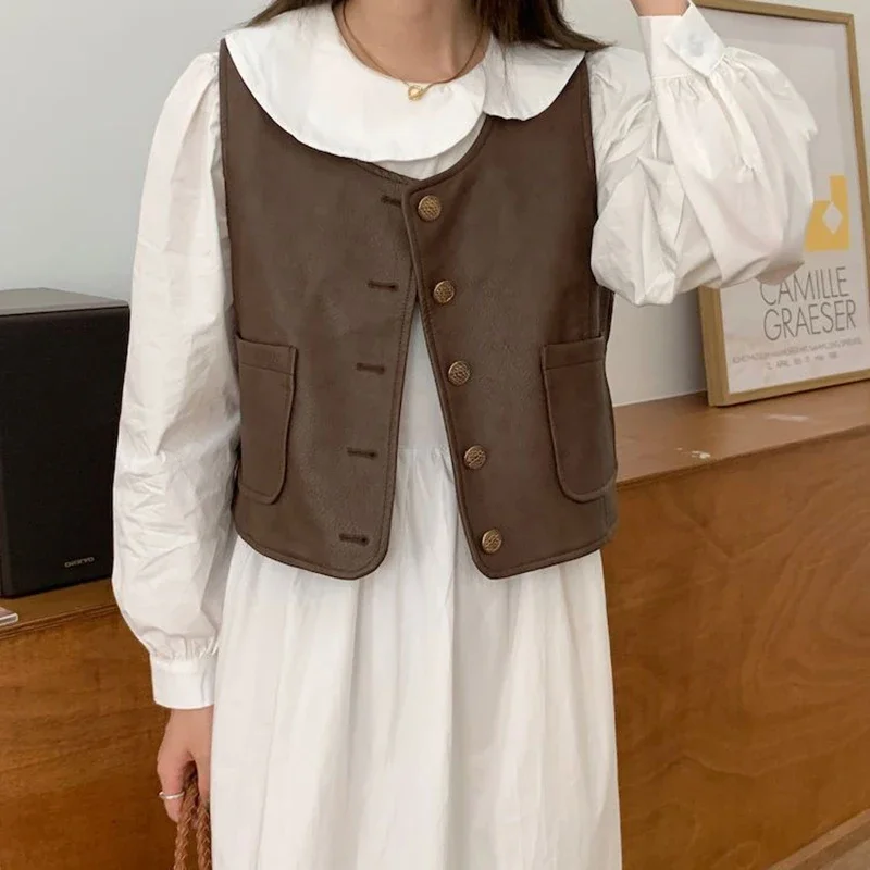 Vintage Pu Leather Vests Women Streetwear Crop Waistcoats Harajuku Sleeveless Pocket Tanks Casual Outwear Korean Jackets Tops