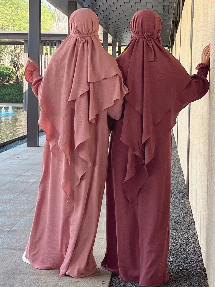 

Eid Khimar Abaya Set Jilbab 2 Piece Crinkle Smocked Cuff Dress and 2 Layer Hijab Scarf Dubai Ramadan Islam Muslim Prayer Clothes