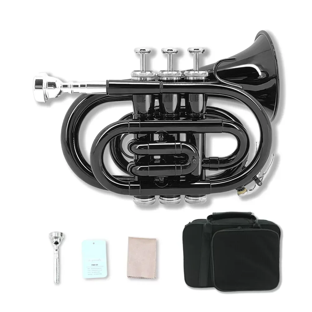 yinfente black  Bb Brass Pocket Trumpet with Case Mouthpiece Cleaning Cloth Gift Kit Nice