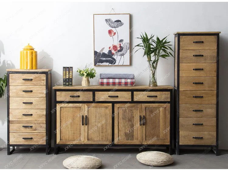A American country solid wood retro industrial style storage cabinet drawer side storage locker
