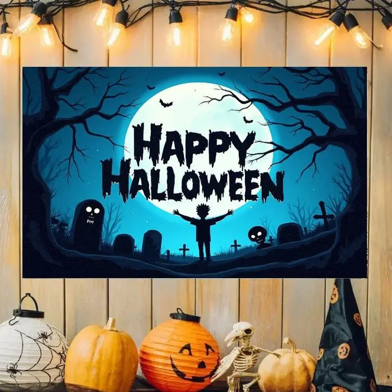 VIKAMA Halloween Tapestry Happy Halloween Blue Moon Tombstone Zombie Background Wallpaper Bar Party Home Decoration