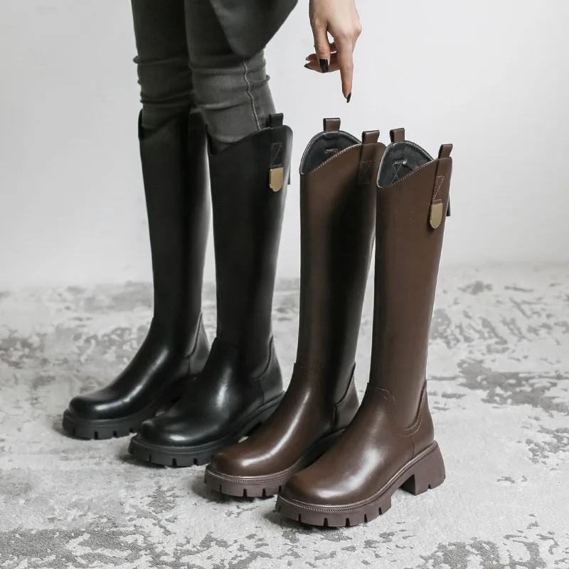 Knight Boots Women Thick Soled V-neck Long Boots Women Autumn/Winter Knee High Boots Thick High Heels Leather Women Boots 41-146