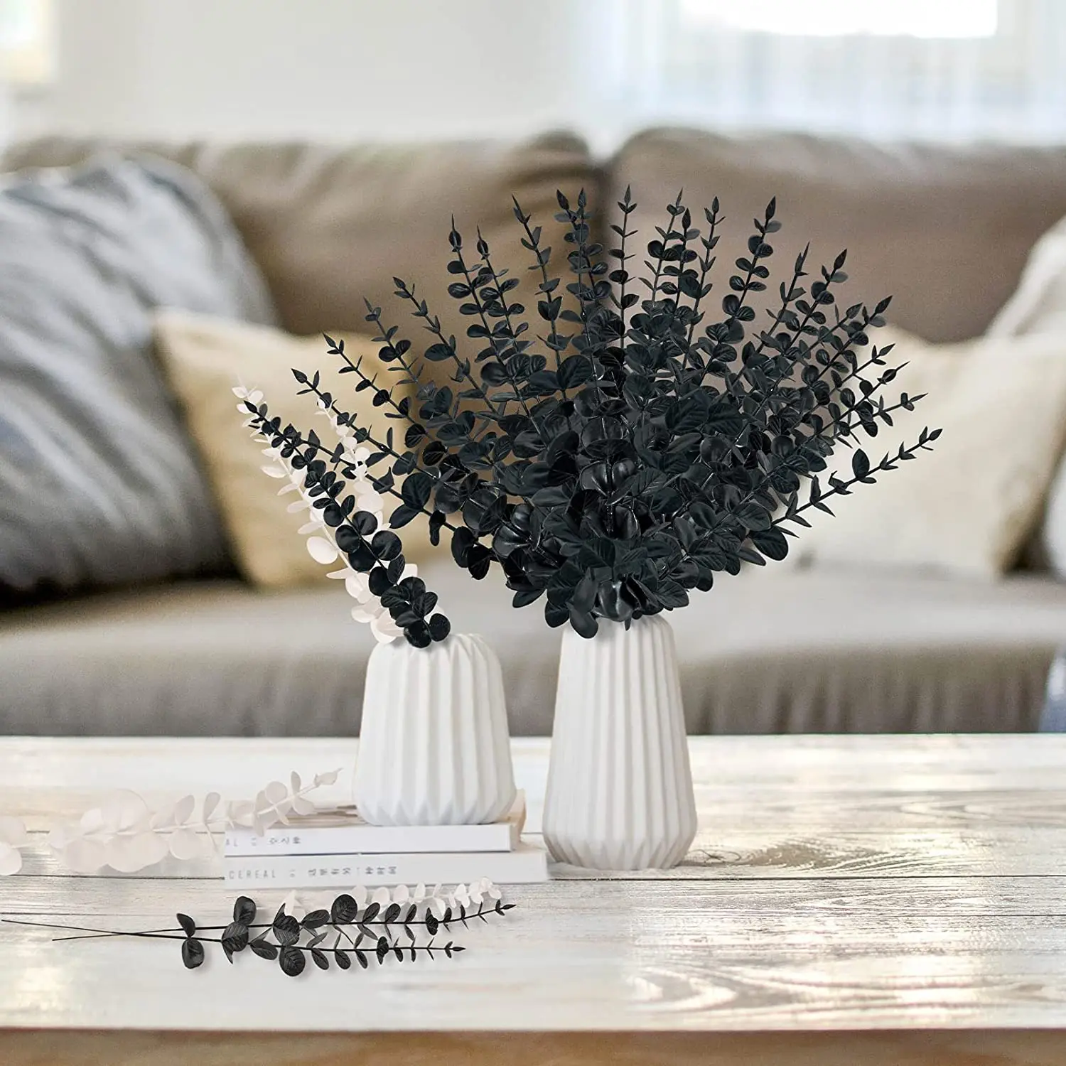 Yannew 12 Stück künstliche Eukalyptus-Stiele, silbernes Dollar-Grün, künstliche Pflanzen für Hochzeitsstrauß, Blumenarrangement, Heimdekoration – Detail 24