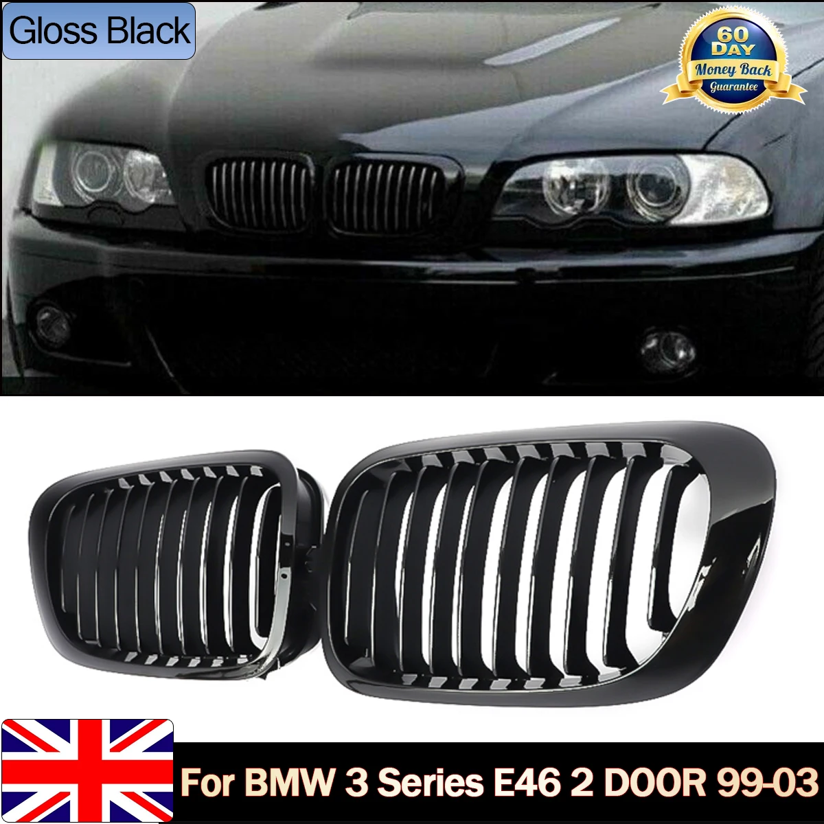 Gloss Black Front Kidney Grille Grill For BMW E46 M3 325Ci 330Ci Coupe 1999-2002 CAR Accessories TOOLS