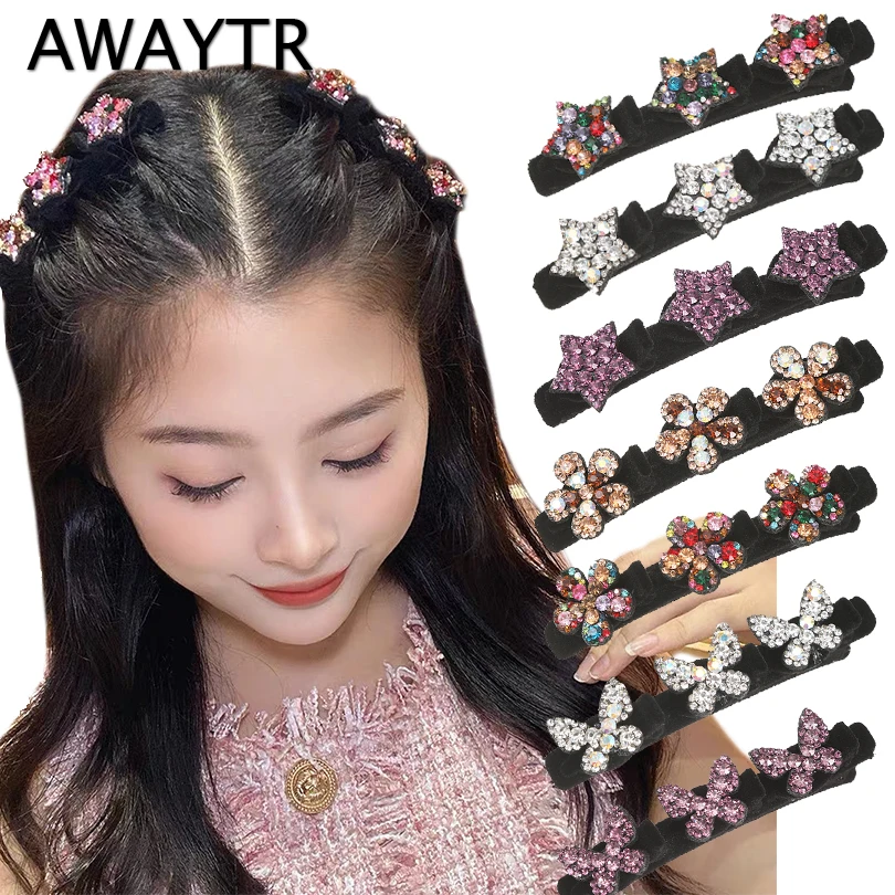 AWAYTR New Fashion Sparkling Crystal Stone Hairpin 3 Flower Hair Clips For Women Braided Hair Duckbill Hair Claw Headwear