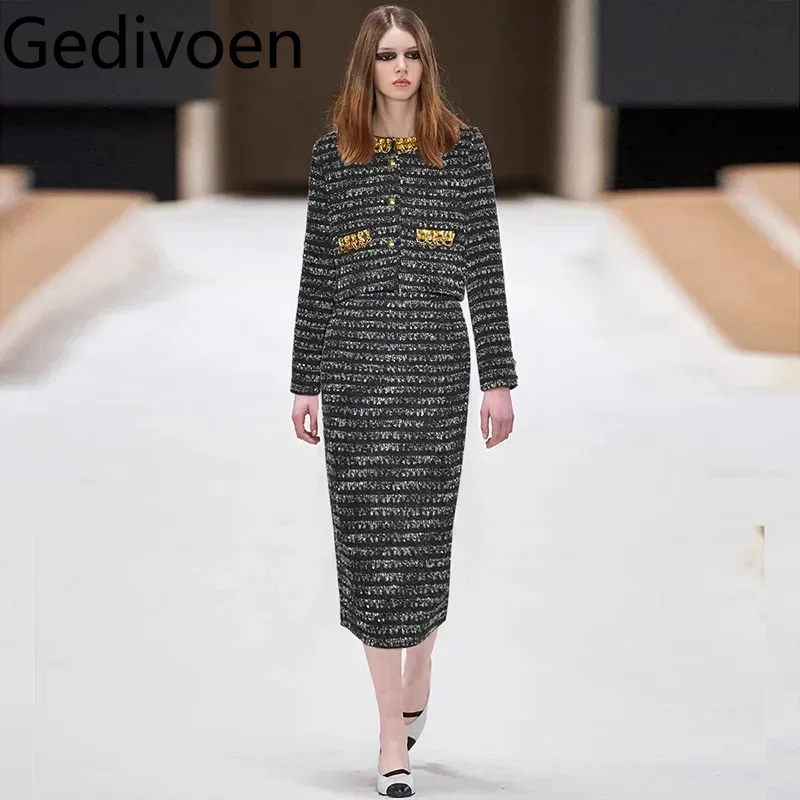 Gedivoen Autumn and Winter Women's Commuter Suit Round neck Beading Short Coat Tops+Slim Pencil Skirt 2 piece set