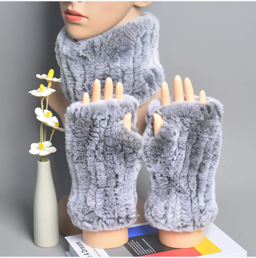 One Set Women Real Rex Rabbit Fur Cuff+Headband Winter Warmer Hat Arm Wrist Sleeve Gloves Female Real Fur Cap+Elastic Wristband