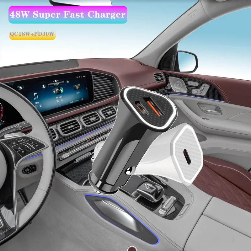 Triangular Design 48W 1/2 Port Car Charger with PD30W QC3.0 Super Fast Charging USB car Cigarette Lighter Adapter for phones