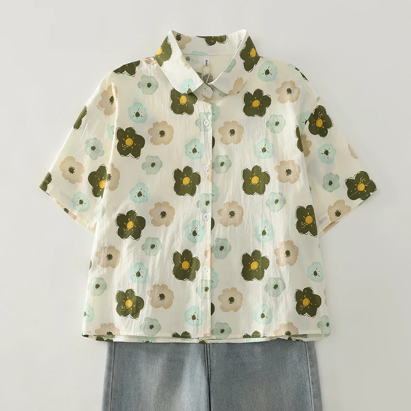 

Cotton Printed Short-sleeved Cardigan Blouse Female Summer New Korean Version of The Loose Large Size Temperament Casual Shirt