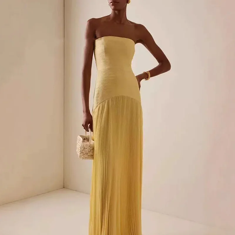 

Female Off Shoulder High Waist Solid Color Evening Dress Fashion Summer Backless Dresses Sexy Strapless Slim Pleated Long Dress