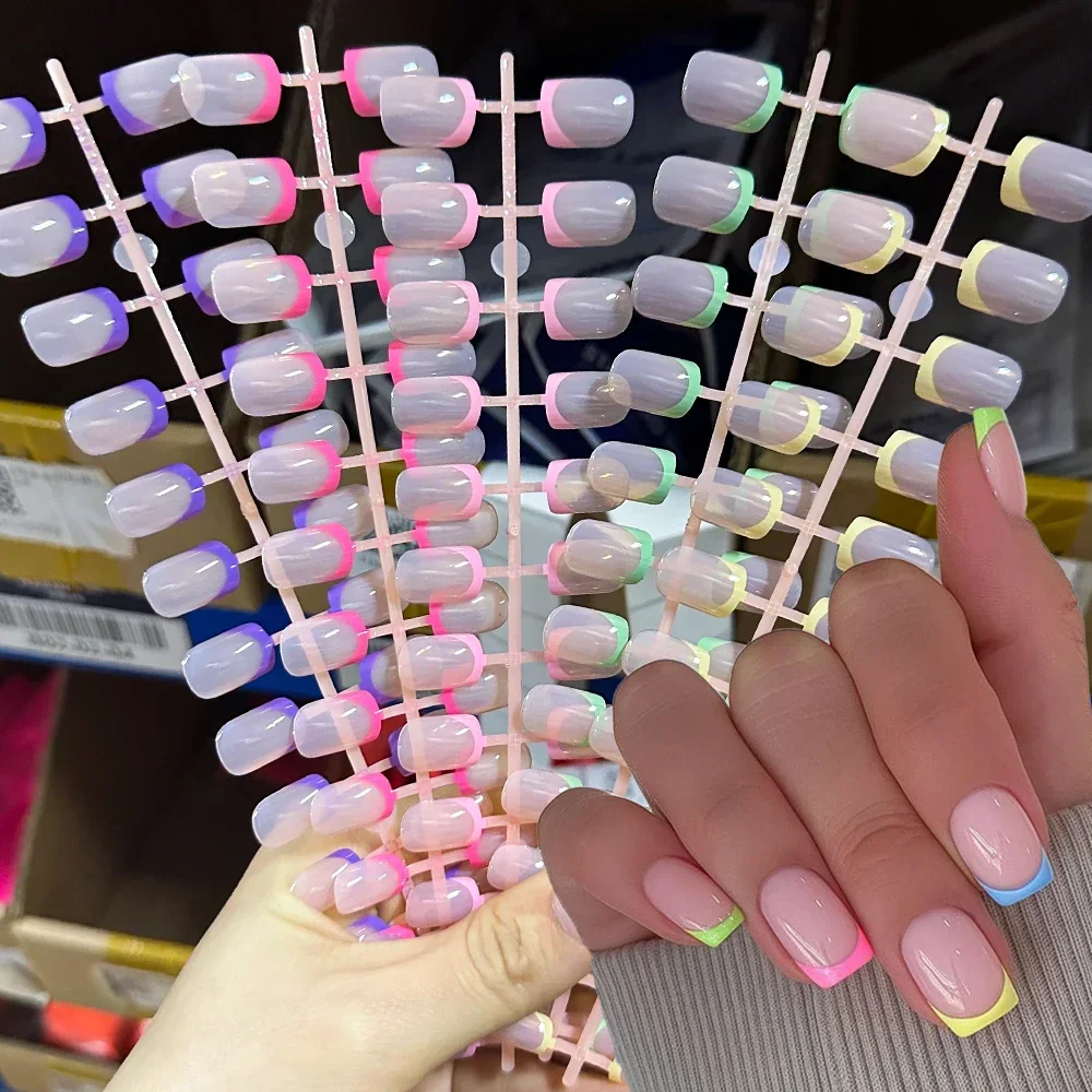 5Colors/120Pc Short Square French Press-On Nail Set Soft Gel Glossy Acrylic Full Coverage Nail Tips Purple Pink Ombre False Nail