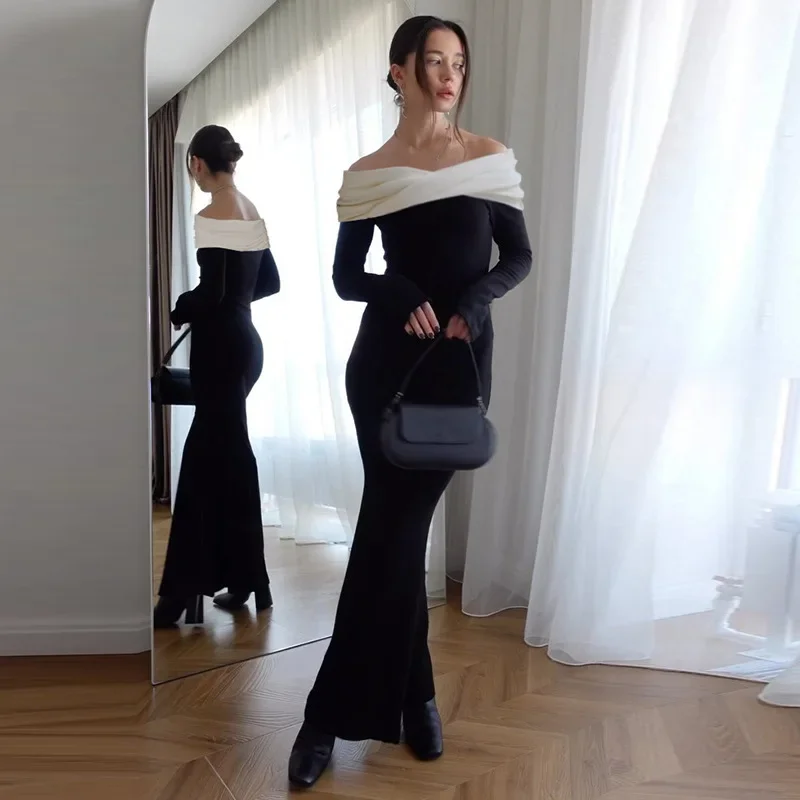 

2024 Autumn New Fashion Style Color blocked Off Shoulder One Piece Collar Waist slimming Dress