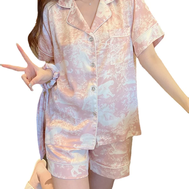 Summer Thin Cardigan Pajama Short Sleeved Shorts Two-piece Set Sweet Homewear Silk Pajamas for Women High-class Print Sleepwear