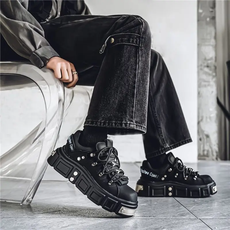 2026 New Men Chunky Platform Rivet Elevator Shoes Autumn Casual Thick Sole High Top Sneakers Luxury Dress Boots