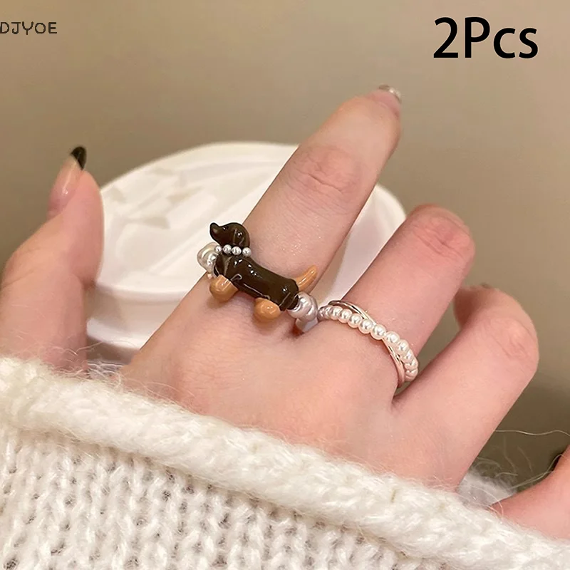 2Pcs Cartoon Sausage Dog Ring Cute Creative Rings Simple Pearl Ring For Women Girls Fashion Ring Jewelry Accessories Gifts