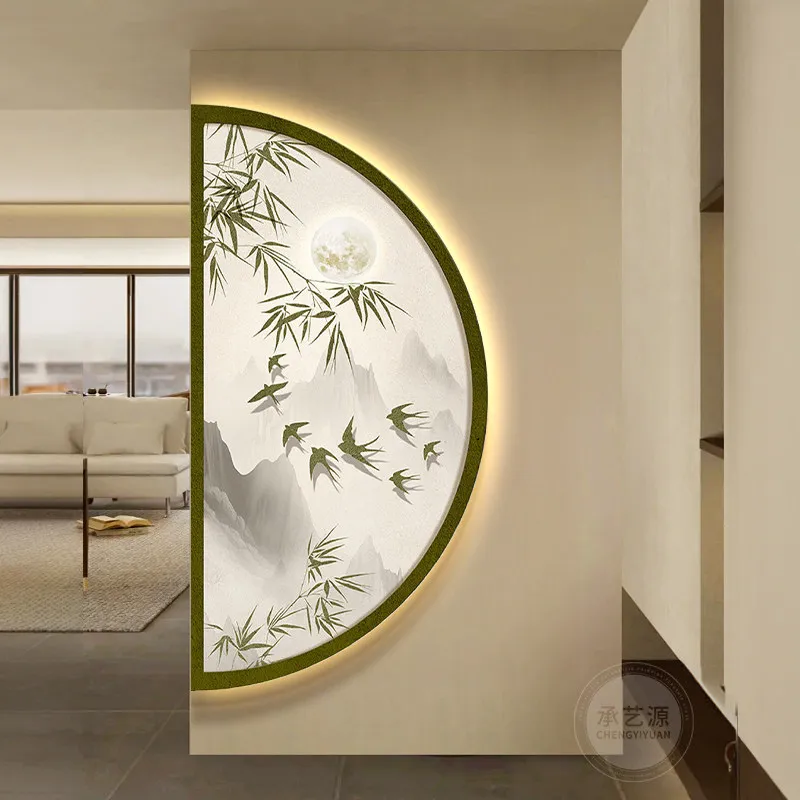 Middle ancient style entrance decoration painting, ink bamboo French retro style, entrance facing door, ambient light mural