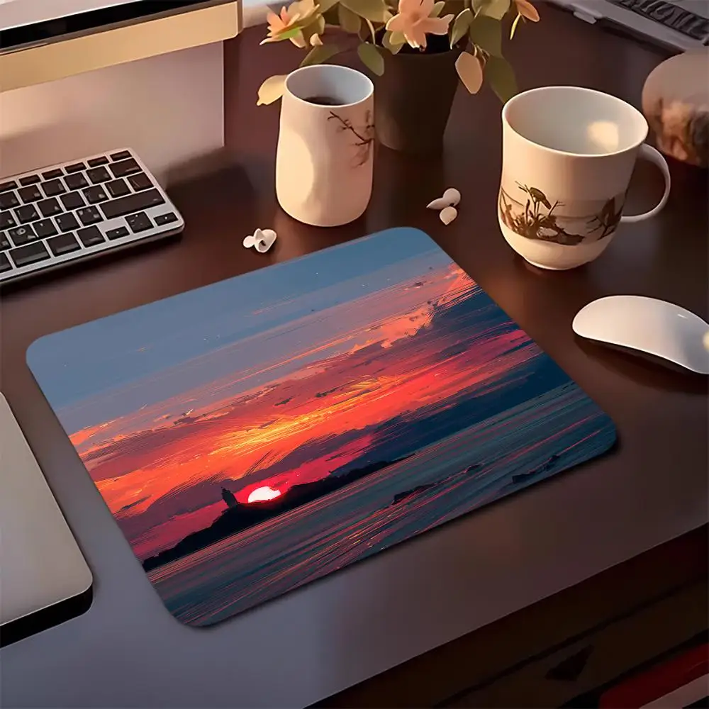 แผ่นรองเมาส์ลายทิวทัศน์พระอาทิตย์ตกแบบญี่ปุ่น แผ่นรองเมาส์สำหรับคอมพิวเตอร์ สำนักงาน เล่นเกม ทำจากยางกันลื่น ขนาดกะทัดรัด ใช้ตกแต่งโต๊ะทำงาน