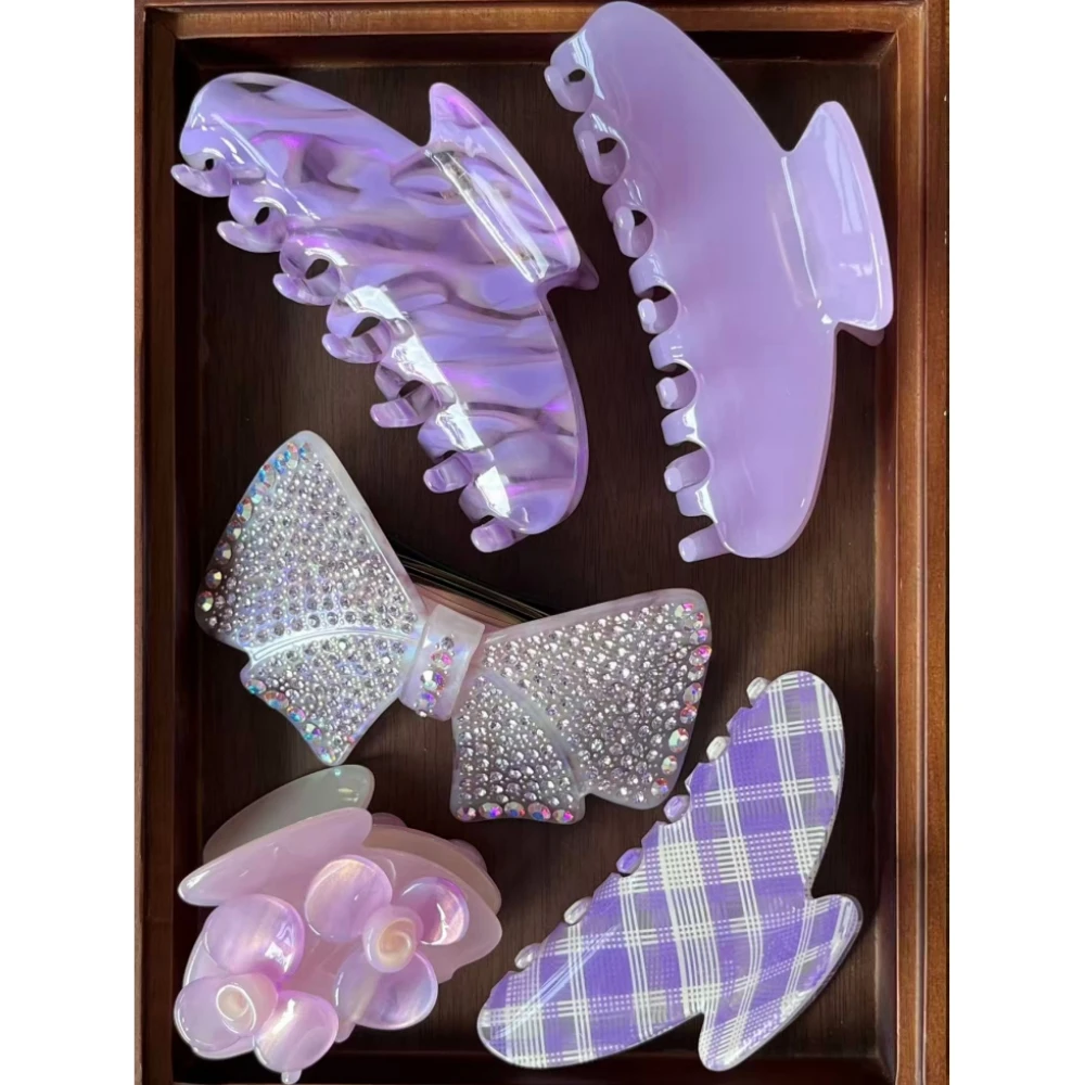 Chic Violet Hair Claw Clips Rhinestone Bow Plaid Design Large Acetate Acrylic Flower Shark Clip Hair Accessories for Women Girls