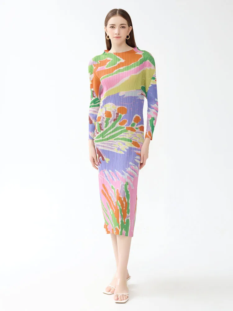 

2023 Autumn Women's Casual New Arrival Pleated Print Round Neck Long-sleeved Fashionable All-match A- Line Dress
