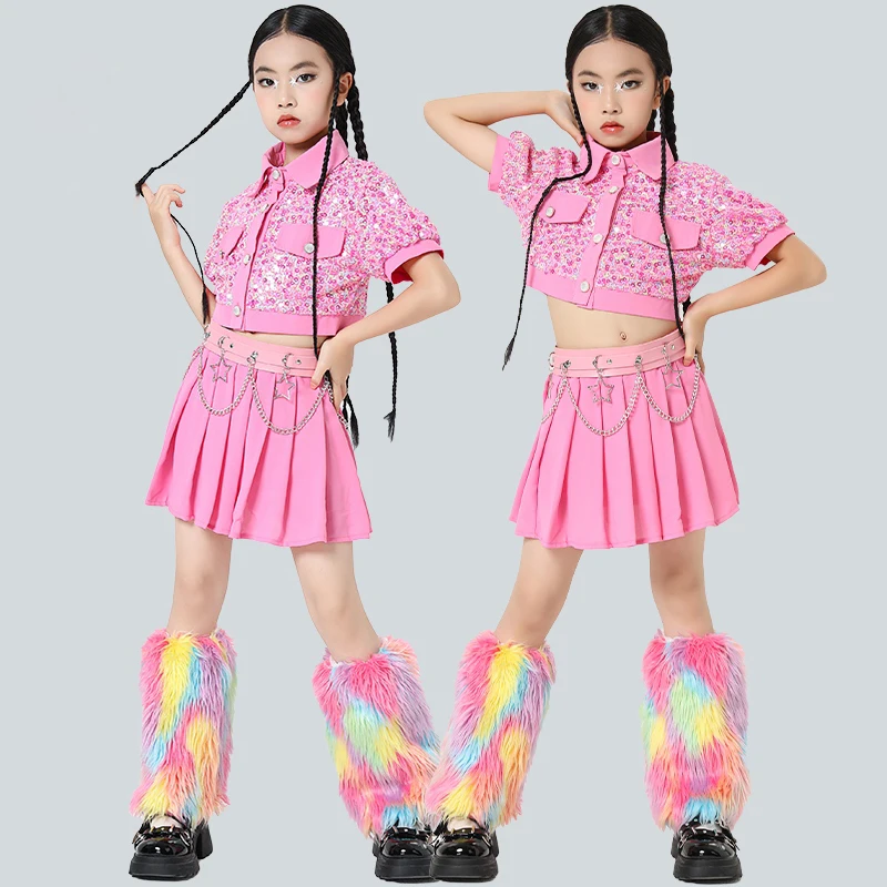 

Jazz Dance Costume Girls Performance Clothing Hip-Hop Dance Clothes Children Sweet Style Pink Sequin Runway Show Outfit XH2761