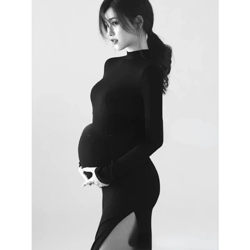 

New Pregnant Women's Clothing Black Pure Cotton Dress Modern Knitted Skirt Photography Clothing Maternity Photo Shoot