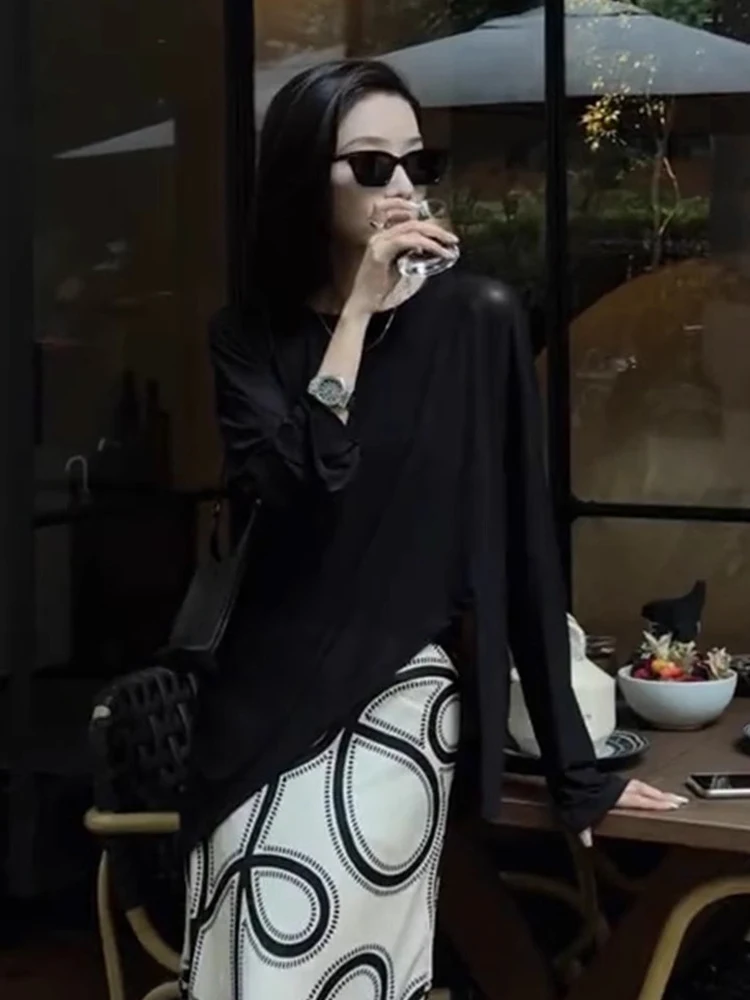 ピュアカラーニットウェア長袖アイスシルクラウンドネックシンプルスタイル高級初秋トレンドトップスヘッドオーバーシャツスイートスタイル