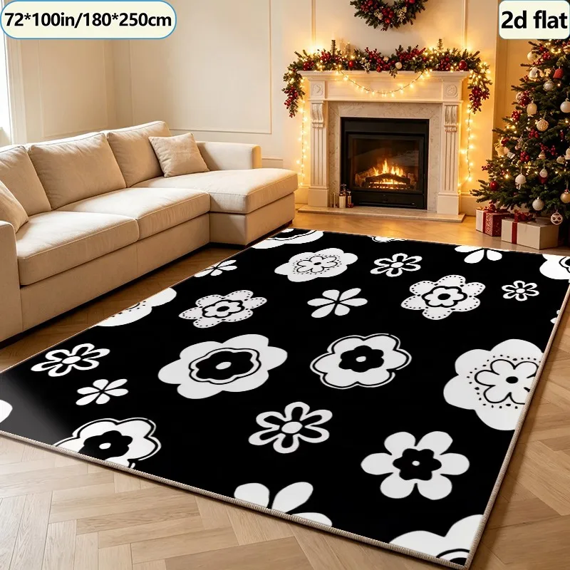 Black and White Hand-Painted Floral Print Carpet, Simple Ethnic Style Carpet, Suitable for Living Room and Bedroom Interior Decoration