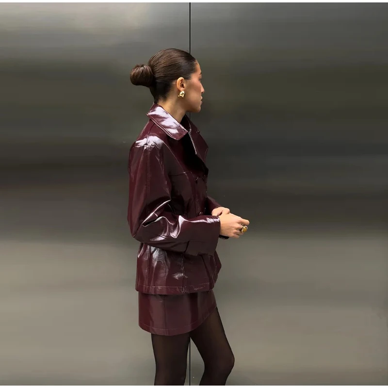 Solid PU Leather Women's Jacket Mini Skirt Set Lapel Neck Full Sleeve Double Breasted Coat Suit 2025 Autumn Stylish Edgy Outfit