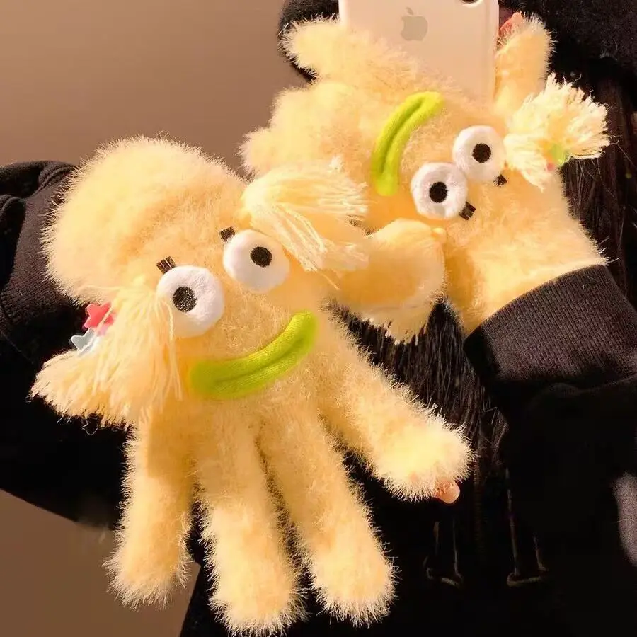 Gloves Women Winter Warm Gloves Cute Cartoon Plush Touchscreen Fingerless Design Thick Faux Mink Fur For Outdoor Cycling Daily