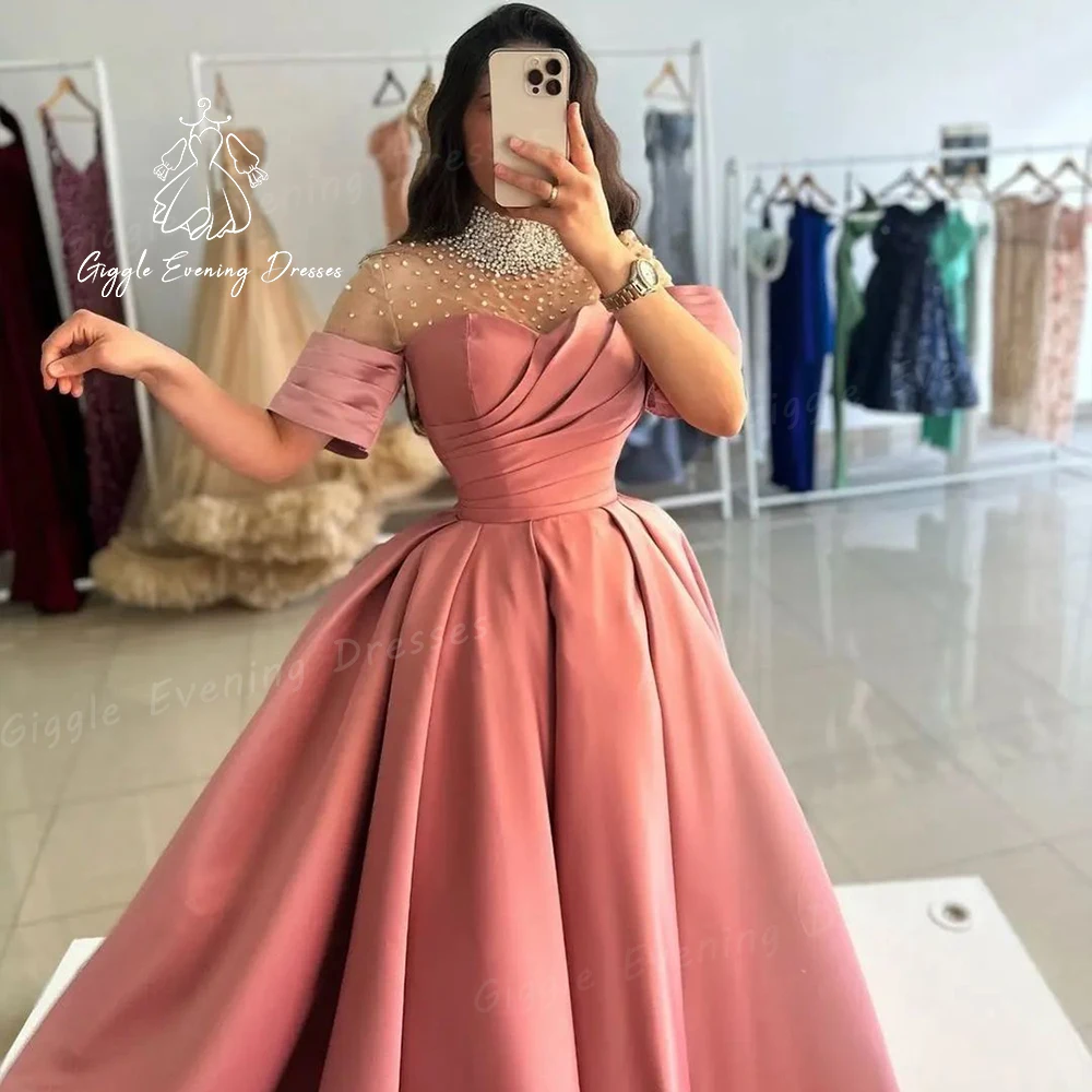 Giggle O-Neck Beads A-line Satin for women Pink elegant Party Dress Floor Length Pleat Pretty saudi evening dresses luxury 2024