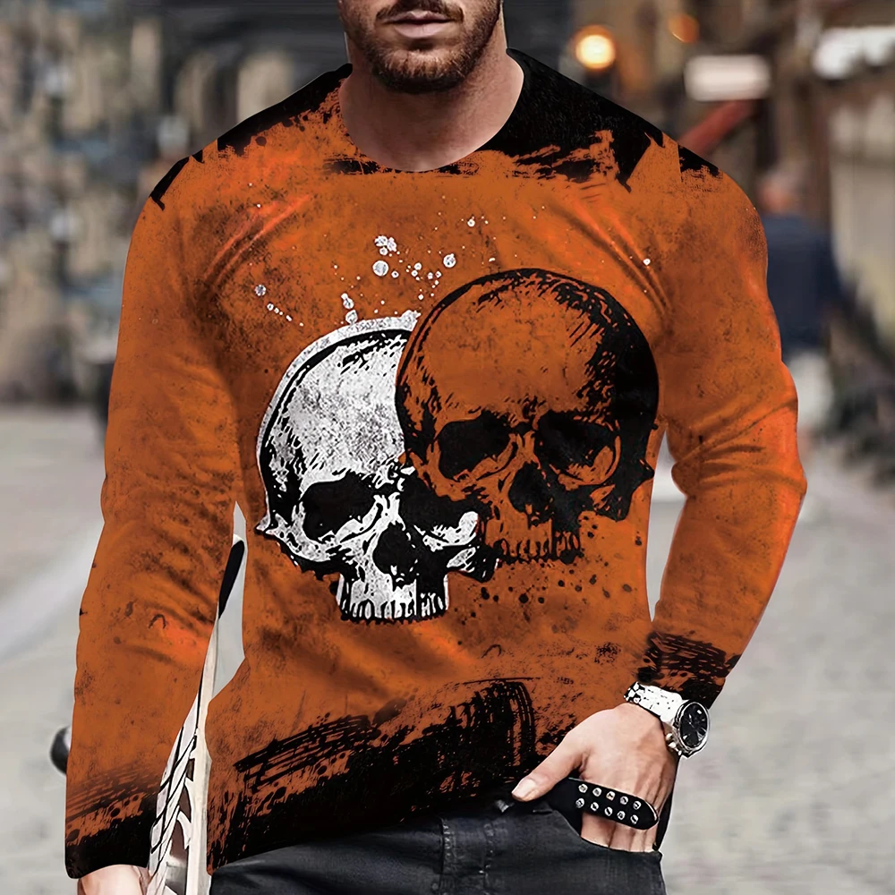 Men\'s Long-Sleeved T-Shirt Men\'s Fall Casual Tops Fashion Sportswear Harajuku 3D Mastodon Skull Print Clothing Streetwear