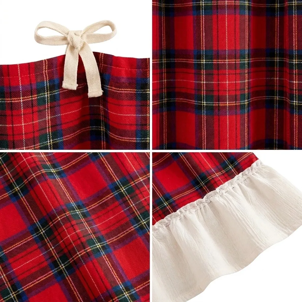 Christmas Red Plaid Oven Curtain With Ruffled Hem And Bows For Kitchen Decor Farmhouse Stove Skirt Holiday Ornaments