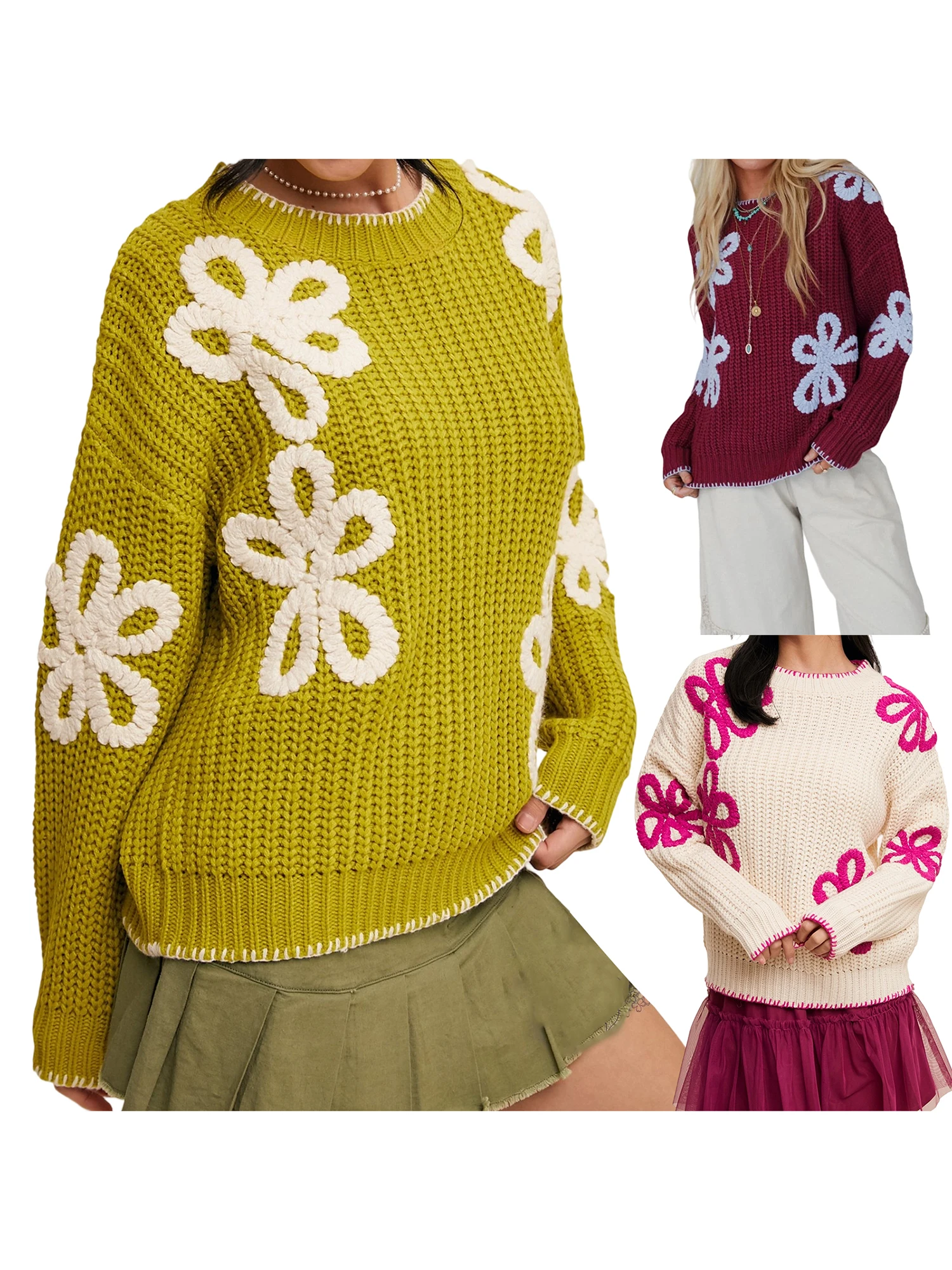 

Elegant V-Neck Cardigan Sweater for Women Stylish Fit Long Sleeve Knitwear with Floral Pattern Casual Tops