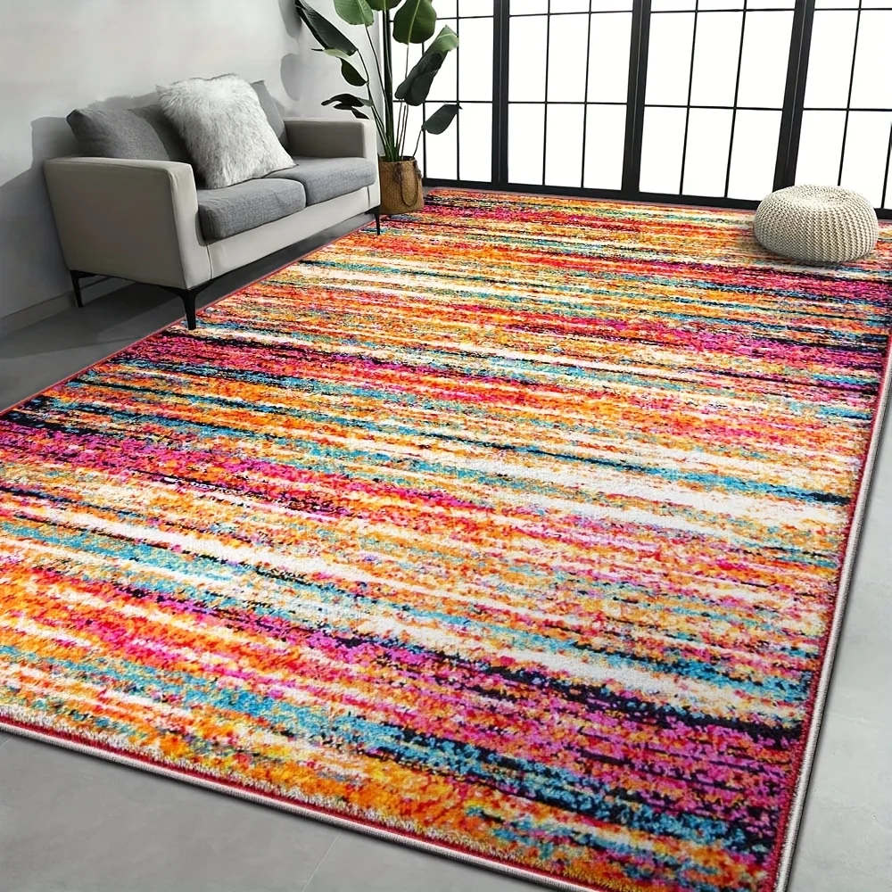 VIKAMA Shaggy Colorful Stripe Area Rug Vibrant Rainbow Gradient Line Design Non‑slip Soft Washable Living Room Home Carpet