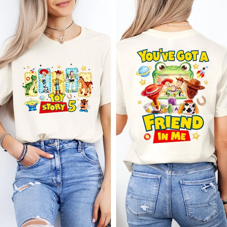 Cartoon Toy Character Double-sided Casual Tee, Hand-drawn Space Cowboy Figure Print Cotton Top For Theme Park Daily Trip Outfits