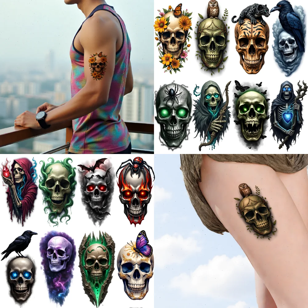 

12 шт., временные татуировки, татуировки с пламенем, красочные реалистичные татуировки с бабочками, татуировки с черепом для бедер, взрослых, руки