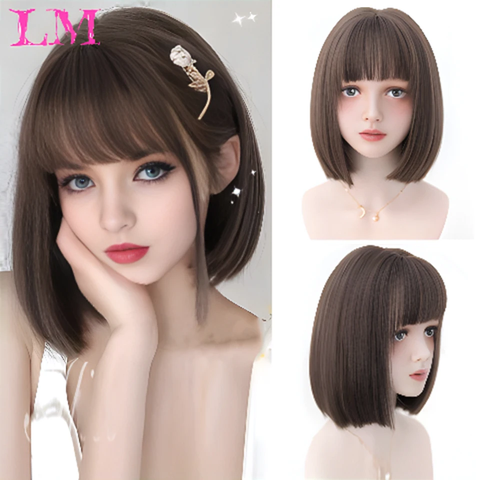 

LM Long Natural Wavy Platinum Blonde Pink Wigs with Bangs Cosplay Party Lolita Synthetic Wigs for Women Heat Resistant Fiber