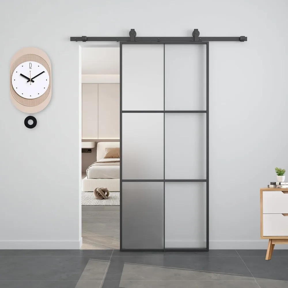 

Sliding Frosted Glass Barn Door 36x84 Inch Aluminum Frame 6-Lite Design with 6FT Hardware Included Easy Assembly