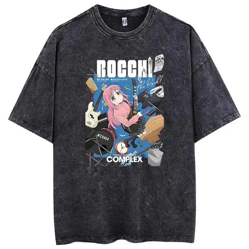 Unisex Loose Streetwear Washed Short Sleeve T-Shirt With Anime Bocchi the Rock! Kessoku Band Gotoh Hitori Print T-shirt