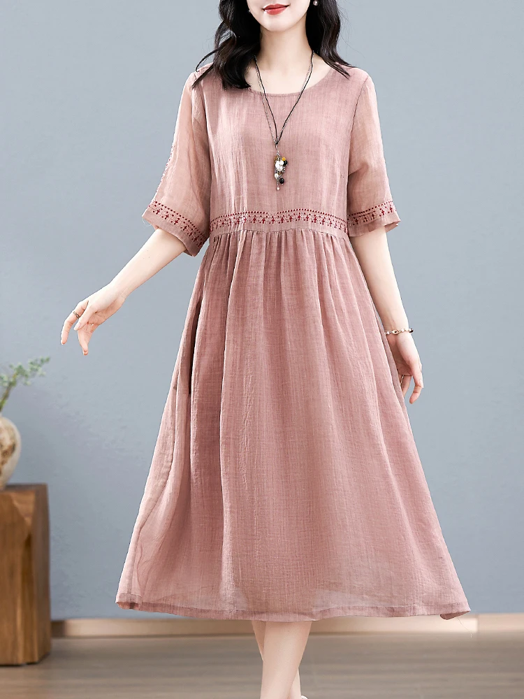 

Casual Artistic Silk Dress Women's Mid-Length Skirt Breathable Short Sleeve Fashionable Summer New Arrival