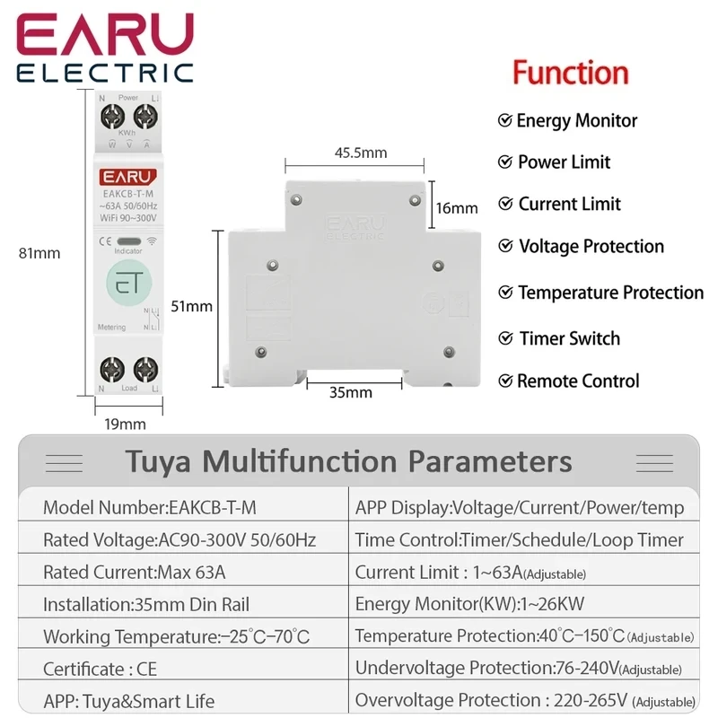 Tuya eWeLink WiFi Smart Circuit Breaker MCB 1P 1-63A Power Energy kWh Voltage Current Meter Monitoring Protector Control Switch