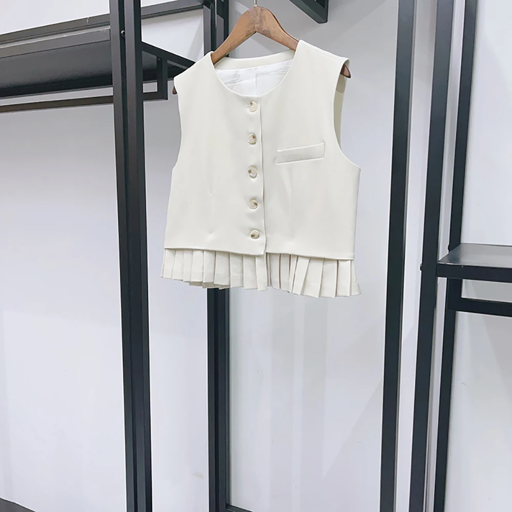 Women Sleeveless Cropped Vest Button Down Pleated Hem Patchwork Waistcoat Pocket Decor Casual Office Layering Outerwear Tops