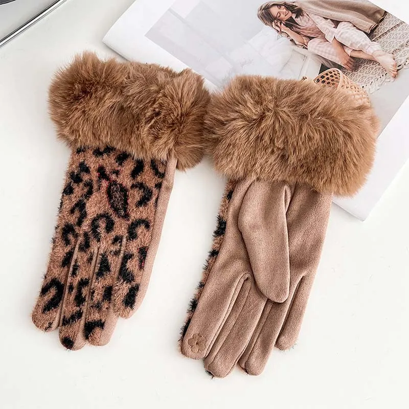 قفازات من جلد الغزال بطبعة الفهد لركوب الدراجات في الشتاء - قفازات نسائية دافئة مقاومة للبرد ومضادة للرياح مبطنة بالصوف للخريف والشتاء #3