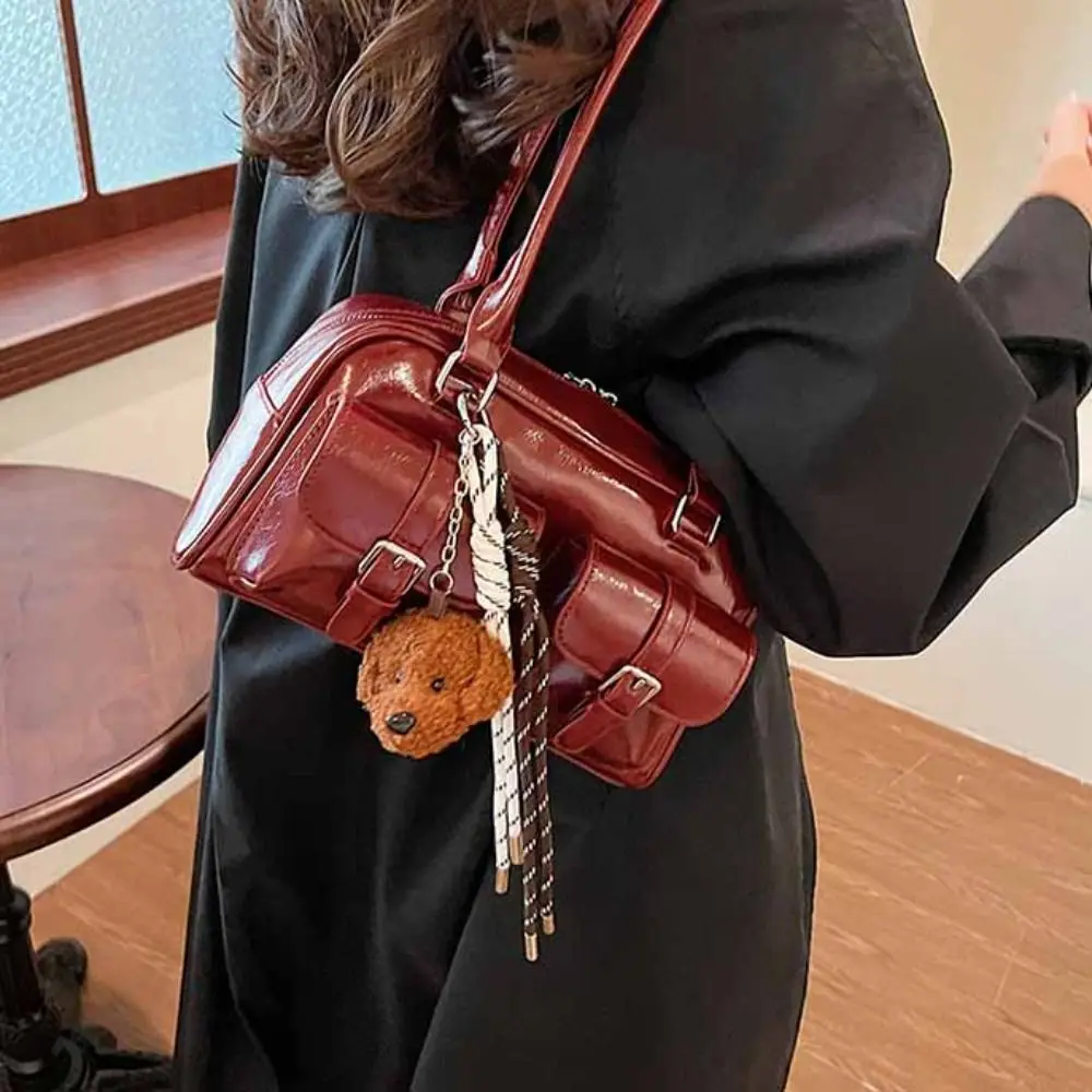 

Korean Style PU Bowling Bag Solid Color Minority Design Pocket Boston Tote Bag Handbag French Style Underarm Bag Portable