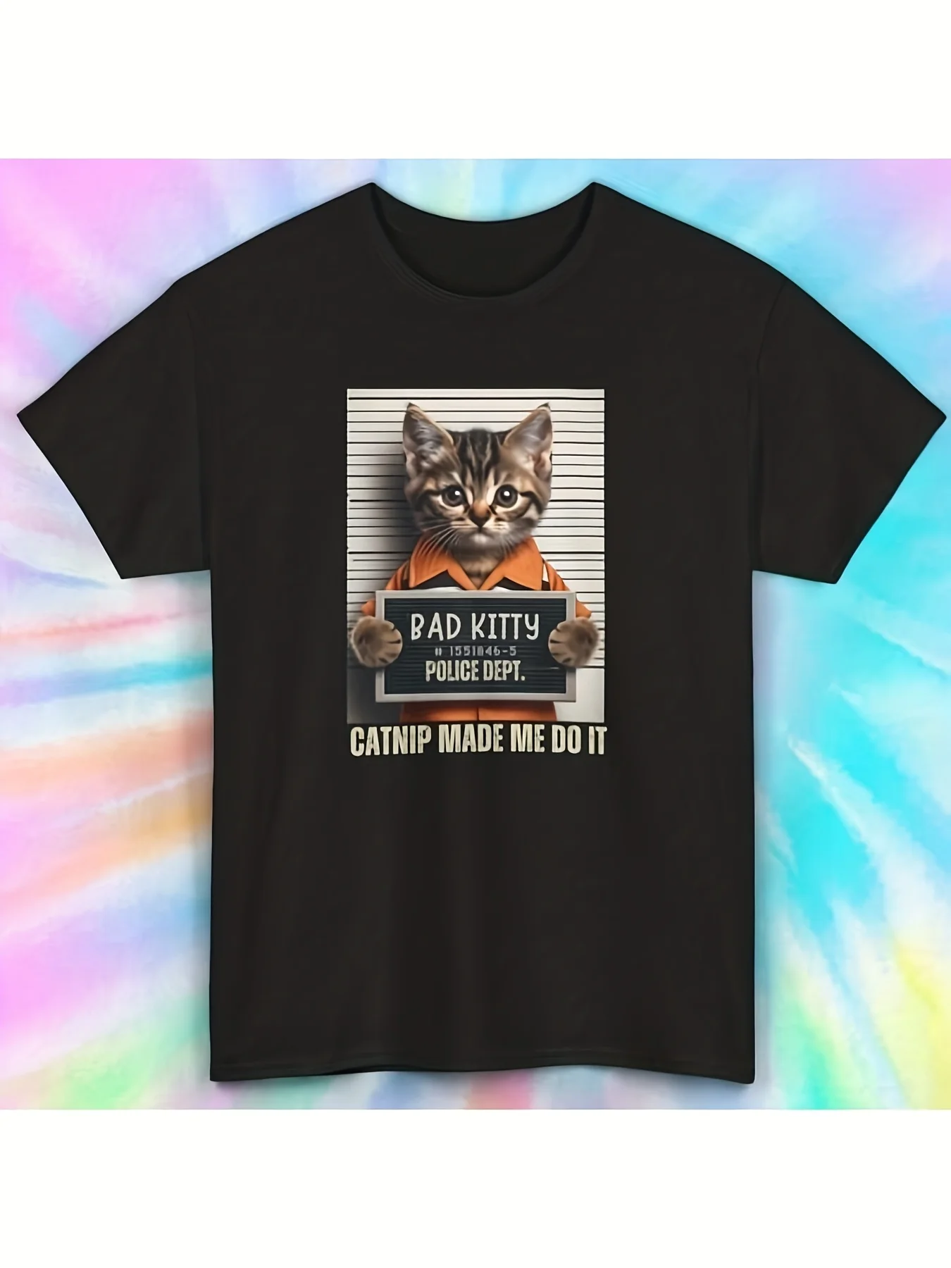 Men's Fun Bad Cat T-Shirt - Retro Cat Suspect Portrait Print T-shirt with Herbal Patterns, Size S-5XL, Casual Short-Sleeve Shirt, Suitable for Cat-themed Outfits, Everyday Wear, and Gifts for Cat Lovers