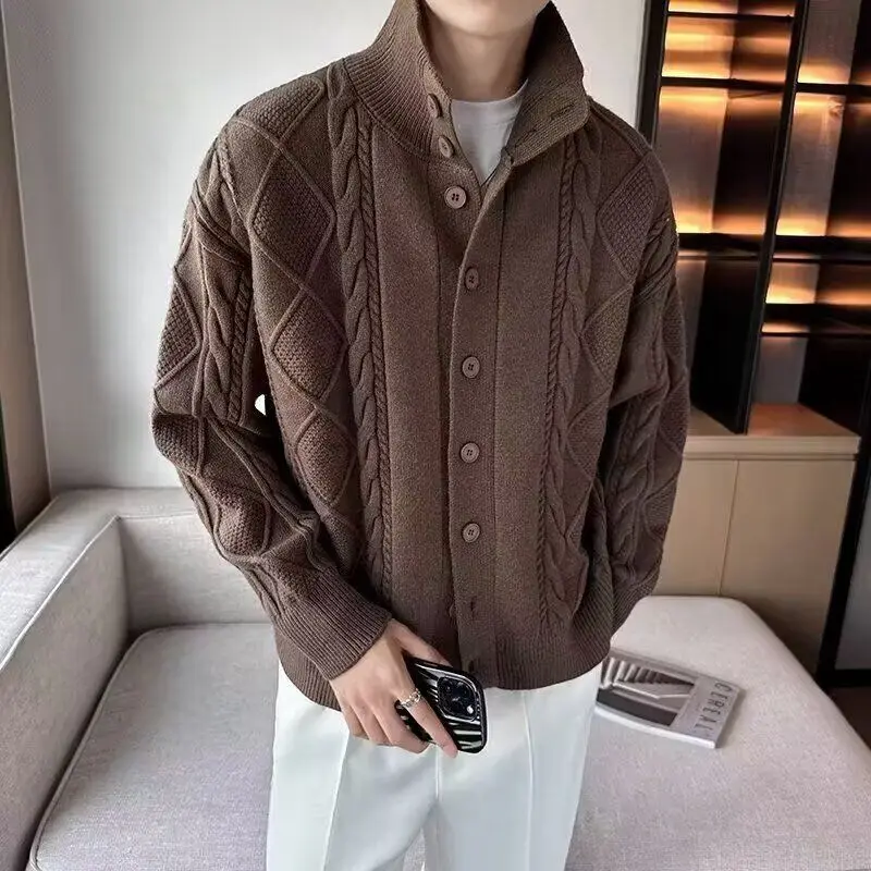 

Men's Loose Fit Knitted Cardigan Pure Color Sweater Stand Collar Winter Warm Outerwear Simple Korean Sle Long Sve Zipper