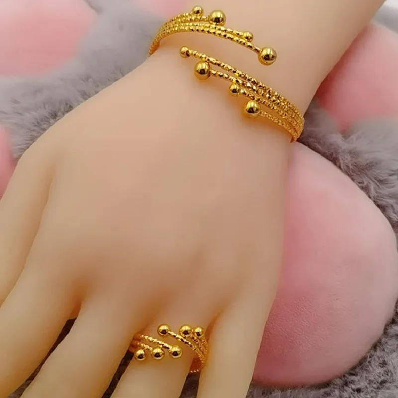 ANGLANG Two Piece Set of Lucky Beads Ring Pure Plated Real 18k Yellow Gold 999 24k Bracelet with Adjustable Opening Never Fade J