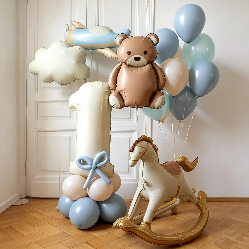 Lot de 28 ballons 3D Cheval de Troie, Ours Mat et Avion – Décoration de Fête d'Anniversaire, Baby Shower, Cadeaux d'Anniversaire