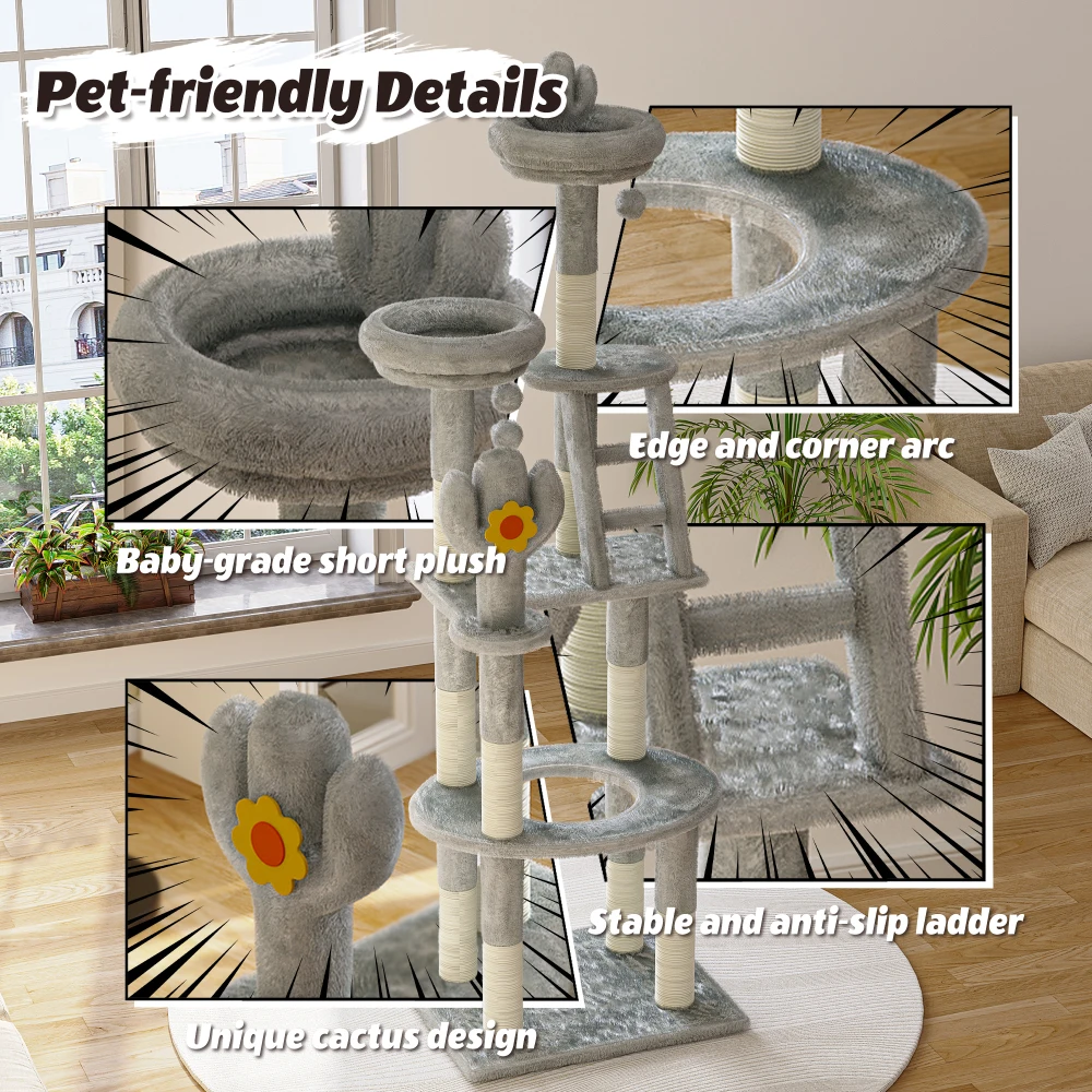 72" Tall Cactus Cat Tower Featuring Clear View Capsule, Durable Sisal Scratching Posts, Cozy Plush Platforms, and Built-in Interactive Toys – Perfect for Indoor Kittens & Big Cats - view 7